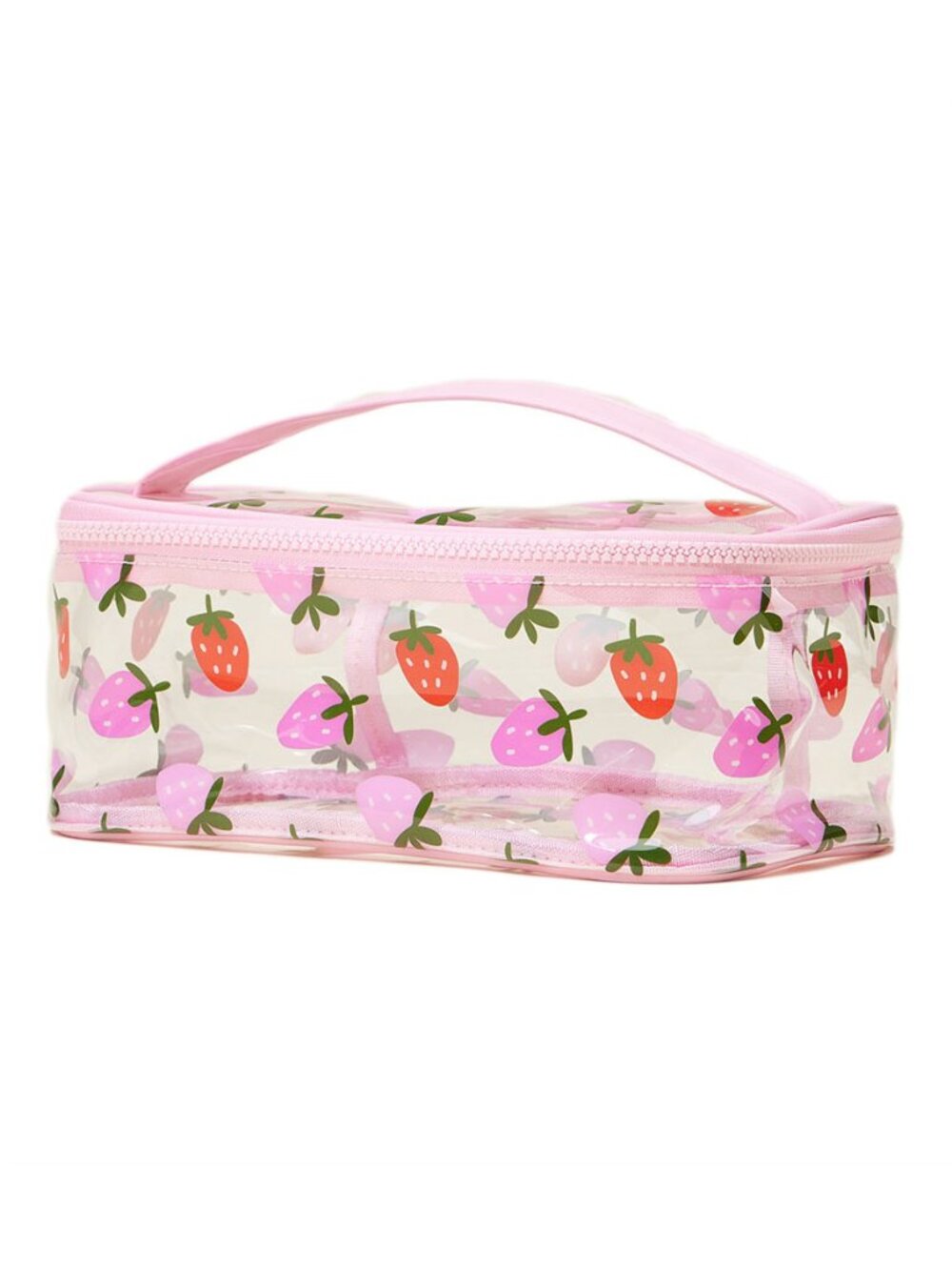 Tigerstars Pink Top Handle Strawberry Pattern Transparent Cosmetic Pouch Bag